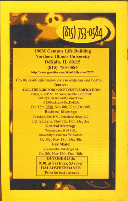 Scan of a page of a 1996 Prideletter which includes a list of events, meetings, and contact information for the organization.