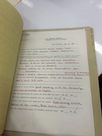 Historic student club membership papers for Delta Sigma Theta to be recognized as a Student Association via S.A. Standards Committee. The from is type-written and writing is in red ink. 