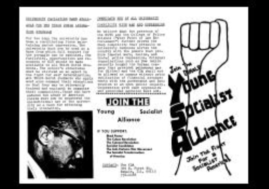 Collage of 3 4 images. 1. A flyer to "Join the Young Socialist Alliance" at NIU with text and a hand-drawn image of a fist in the air and a side profile of a person. 2 and 3: Flyers for the Student Committee for Peace at NIU and a flyer for SDS from the 1968 DNC. the First is types and the second is handwritten in big blocky letters. 3. A handwritten Get Involved flyer for the Young Americans for Freedom organization. 