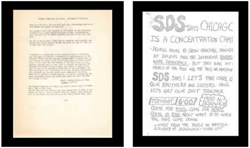 Collage of images relating to protests at NIU with images on the right from historic protests and images on the right for more recent protests. Images on the left include 3 newspaper headlines like "Third night of NIU protests; ROTC to stay on campus" or "Police, students meet at bridge". Images on the right include images of people marching or sitting in protest for PRIDE, Black Lives Matter, and pro-Palestine protests.  