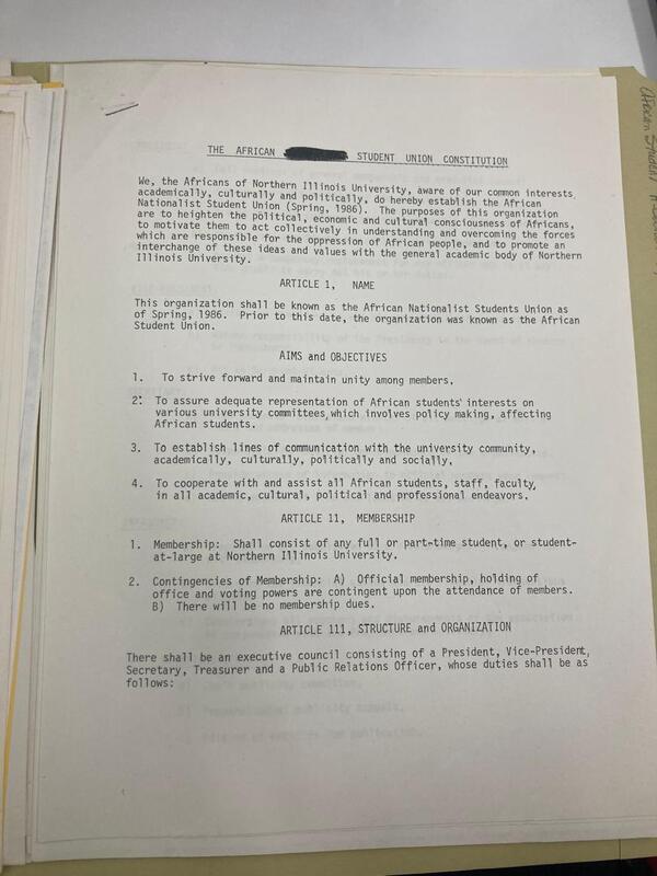 Photograph of page 1 of the African Students Association Constitution which is type-written.  