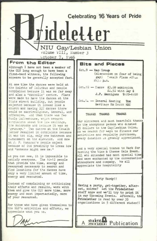 Scan of the cover of the 1986 Prideletter newsletter with a couple of sections including: From teh editor, Bits and Pieces.