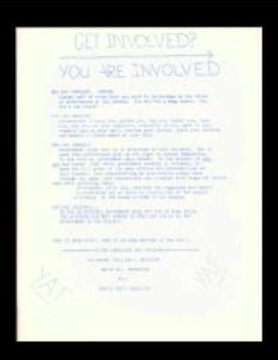 Handwritten flyer to "Get Involved" with the Young Americans for Freedom organization. 