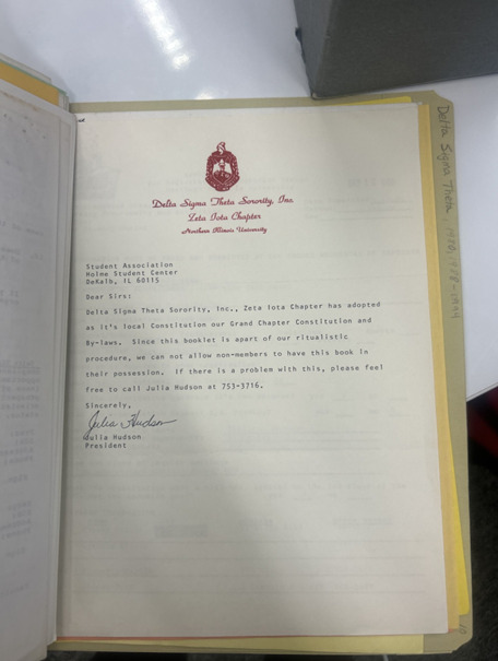 Historic letter from  Zeta Iota chapter of Delta Sigma Theta Sorority Incorporated to NIU Student Association with the organization logo on top and signed by Julia Hudson