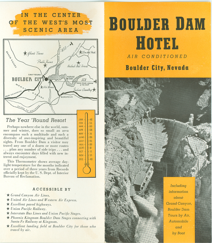 Brochure from the Boulder Dam Hotel, where Arthur Nielsen stayed while working at the Boulder (Hoover) Dam