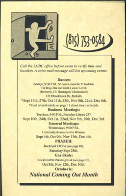 Scan of a page of a 1996 Prideletter newsletter which includes a list of events and meetings coming up, as well as a phone number for the organization. 