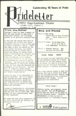 Scan of the cover of the 1986 Prideletter newsletter with a couple of sections including: From teh editor, Bits and Pieces. 