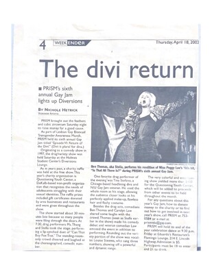 Scan of a newspaper article for a newspaper article called "The divi return" with text and an image of a person singing. 